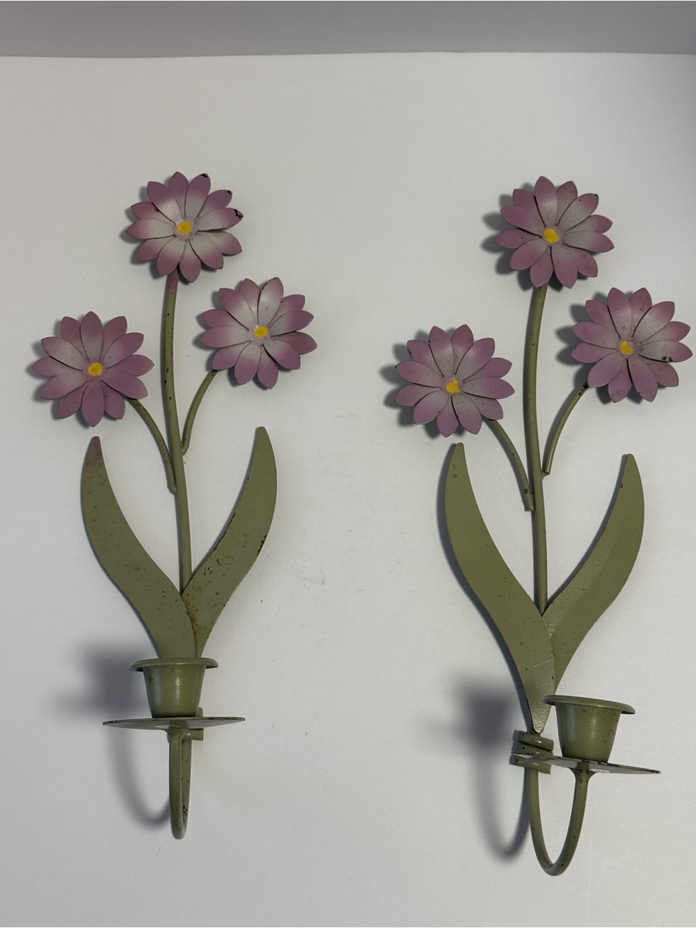 Vintage Metal Floral Wall Sconces Pair Purple Daisies